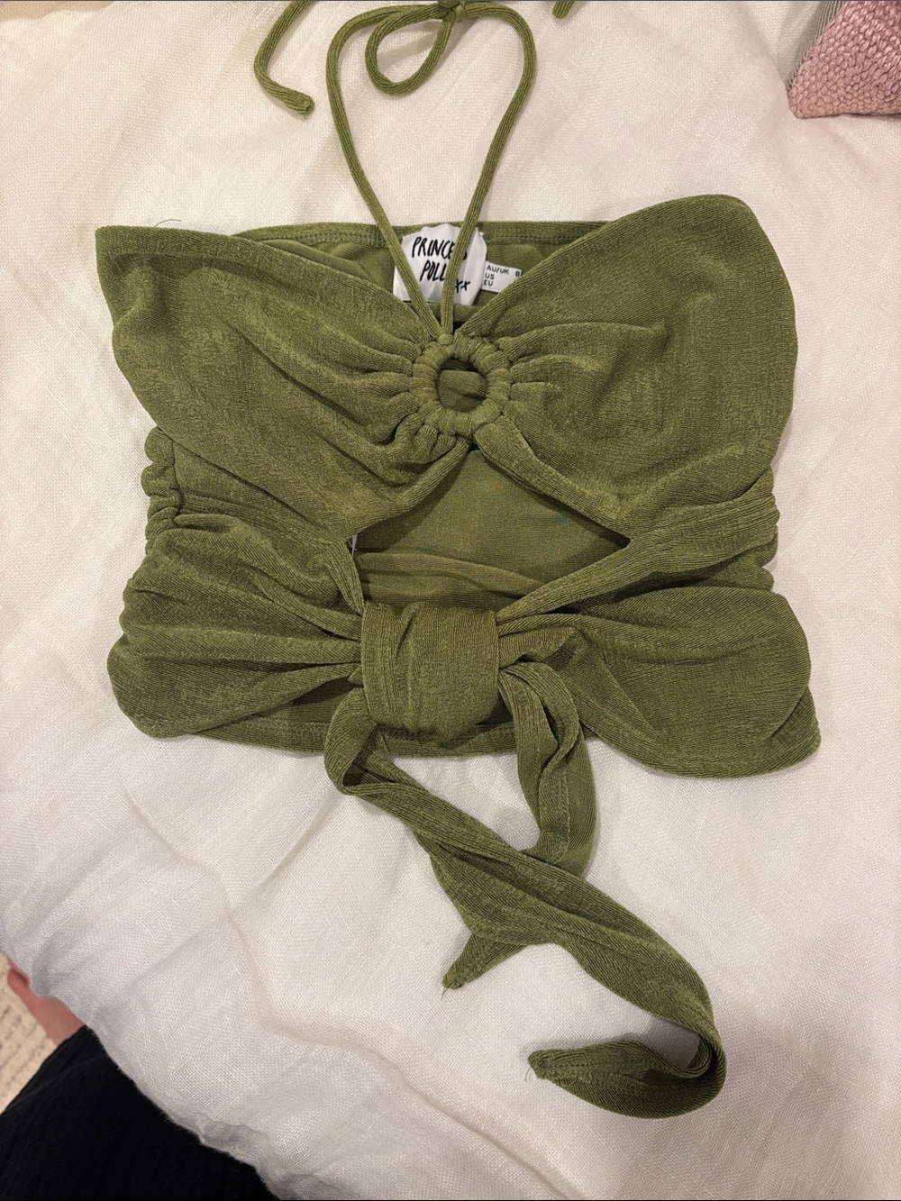 Princess Polly Olive Green Ring-Front Tie Crop Top